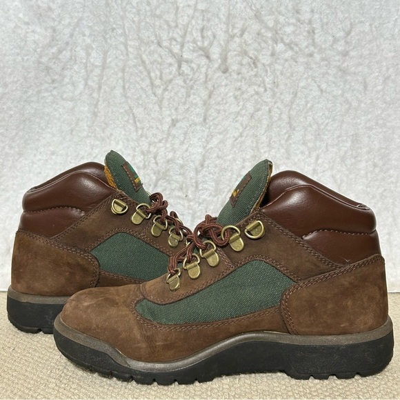 Timberland Boys Brown/Green Field Leather Waterproof Hiking Boots Shoes SZ 3.5 - Picture 7 of 12